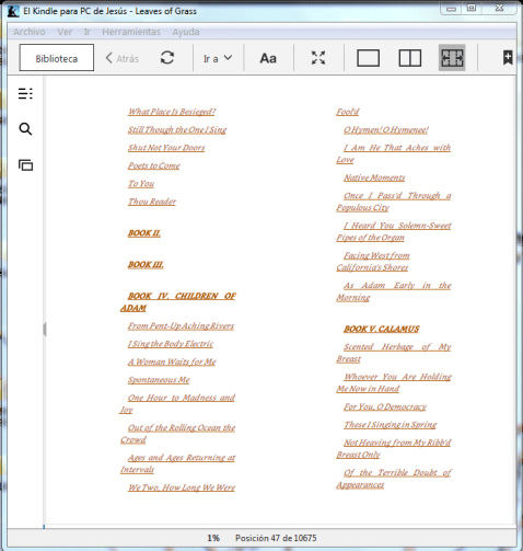 Kindle; libro electrónico, tabla de contenidos libro electrónico